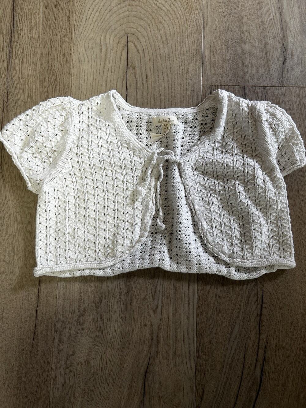 Matilda Jane Girls White Knit Shrug Sweater Size 12 Short Sleeve V-Neck Tie